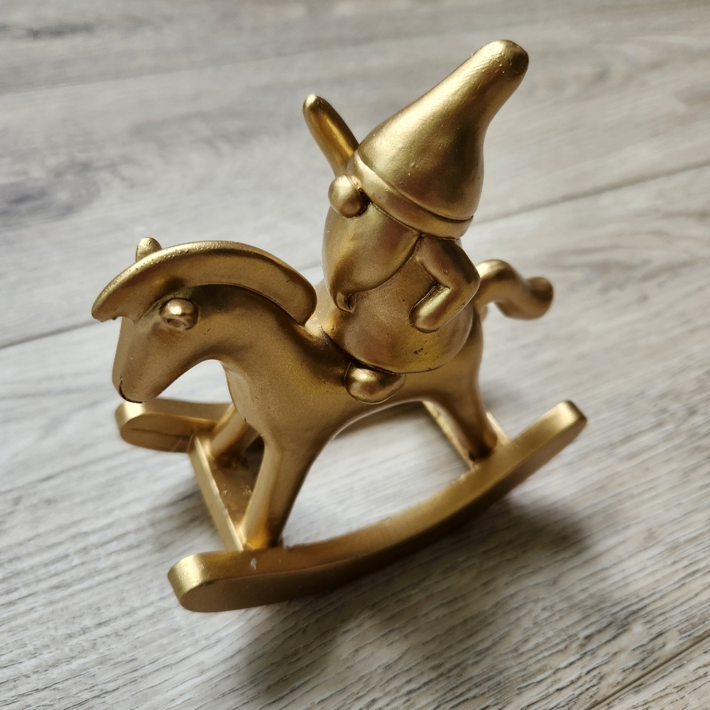 Gnomes In Wonderland Gold Gnome Rocking Horse Figurine Decor Adventure Ornament